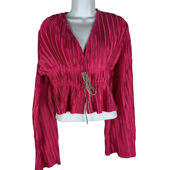 Blue b. Collection Womens Size M Pleated Hot Pink Blouse With Drawstring Waist - Picture 1 of 7